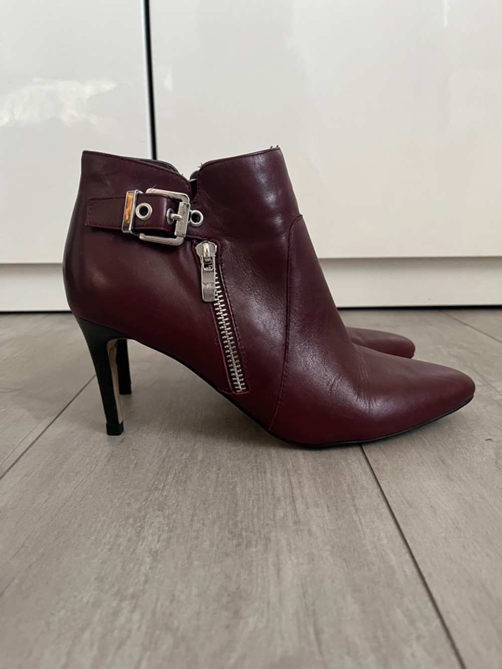Marc Fisher Burgundy Pointed-Toe Leather Ankle Booties with Buckle, Size 8